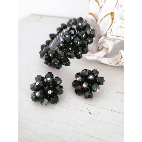 Vintage Jet Black Japan Faceted Bead Bracelet and Earring Set - Picture 1 of 8